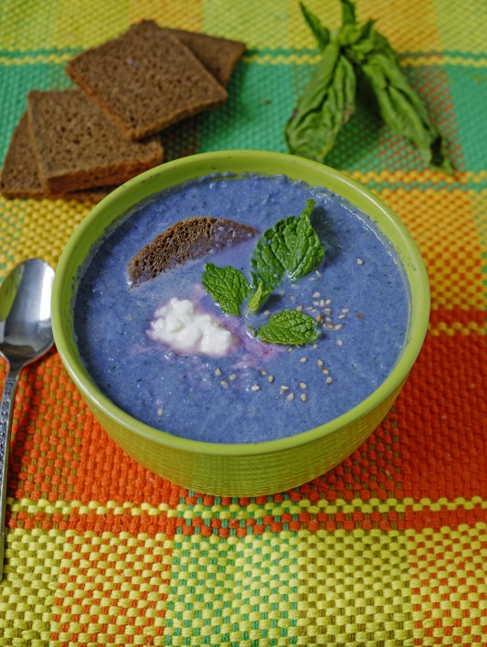 Soup Made of Purple Cauliflower , Basil and Soy  Milk