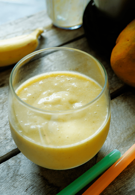 A freshly blend of fresh fruits like (frozen) banana and fresh mango made up this super delicious smoothie. This Mango Banana smoothie is almost a replica of the Starbucks Mango Banana smoothie. I said almost because I skipped the Greek yogurt on this one and I chose a fresh mango to replace the mango nectar.