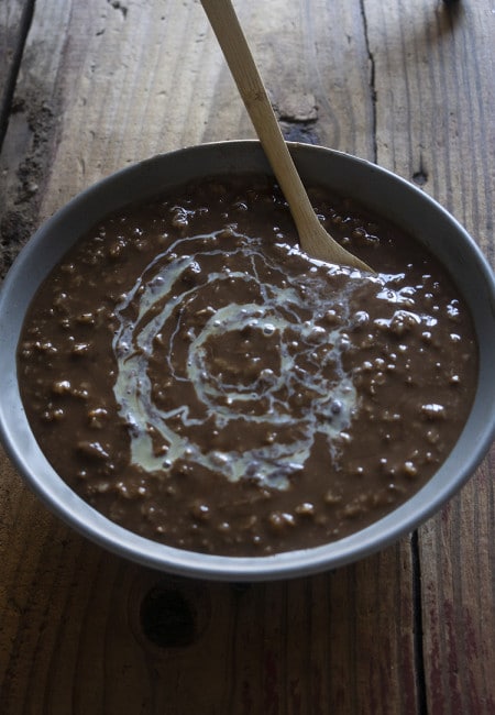 Slow Cooked Champorado Oat. A healthy version of our Filipino congee. Instead of using glutinous rice, I used rolled oats and instead of the usual Tablea, which is not available in the USA, you can use Hershey's 100 % cacao. You can't tell the difference. They taste similar to our Filipino champorado, just healthier.