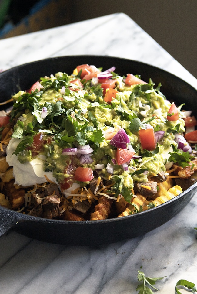 Carne Asada Fries have carbs, protein, and fiber in one delicious dish! It has lots of textures, too, contributing to an overall appealing appetizer!