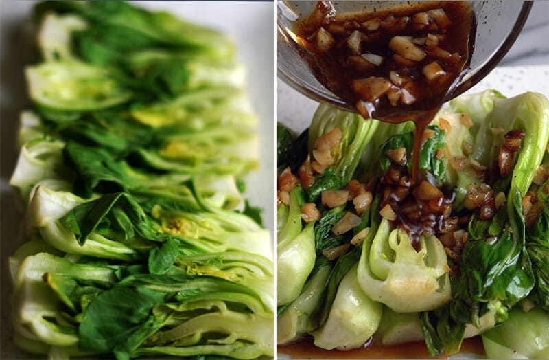 pour the garlic sauce on the steamed bok choy