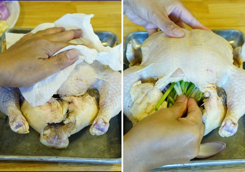 pat dry the chicken and stuff with the stuffing